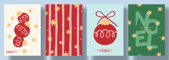 Naklejka premium Modern Christmas and New Year card set. Hand-drawn style poster collection for design of covers, branding, holiday events, packaging. Vector illustration with stars, Christmas ball, golden bells.