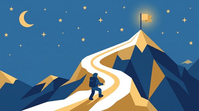 Figure climbing snowy mountain toward summit flat illustration winter perseverance concept