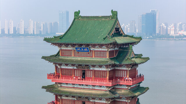 Tengwang Pavilion in Nanchang, China, with city skyline and Gan River view