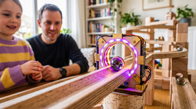 Smiling young girl watching glowing metal marble rolling through illuminated wooden track toy alongside happy father sitting inside bright family living room interior