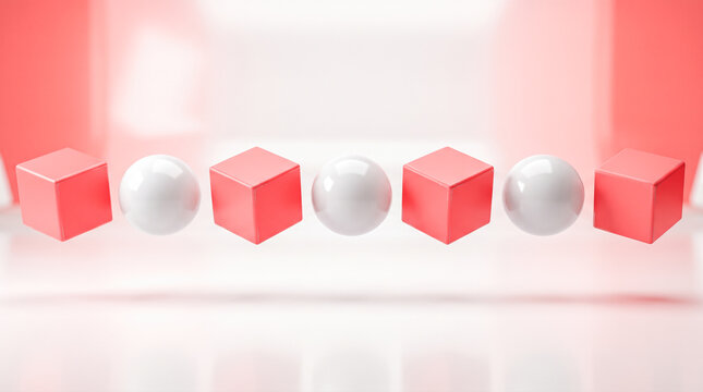 Row containing alternating red cubes alongside white glossy spheres floating above bright reflective surface rendering modern abstract geometric shapes template design background