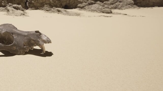 A skull rests on the fine sand of a beach surrounded by rocky cliffs. The sun shines brightly as waves gently lap at the shore. Seagulls can be seen in the distance.