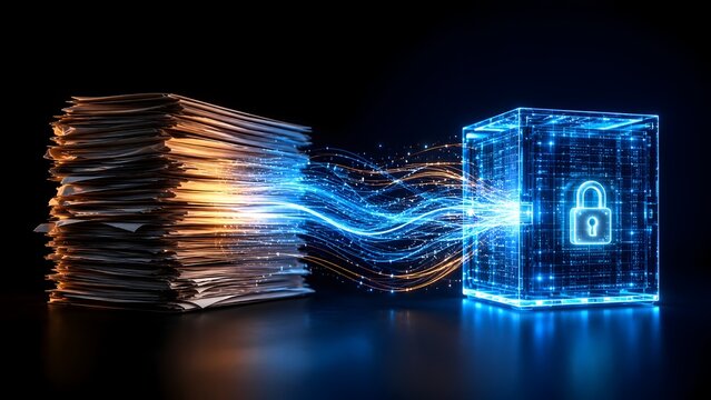 Digital data migration concept showing huge stack of physical paper documents flowing as light streams into a highly secure glowing blue digital vault cube.