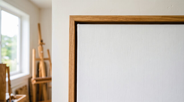 Blank white canvas stretched inside oak floating frame positioned against light wall within bright artist studio containing traditional painting easels creating empty copy space