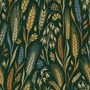 Heritage grain seamless pattern with linocut wheat barley rye and oats on a rich forest green background