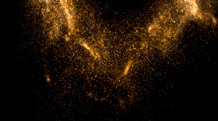 Naklejka premium Beautiful golden glowing particles floating dynamically across solid black backdrop creating magical sparkling light trails resembling tiny vibrant cosmic stars shining brightly