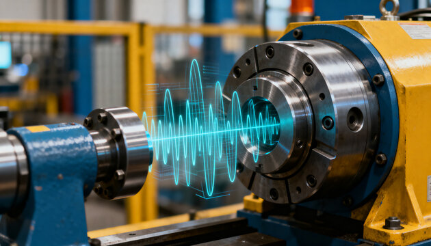Industrial machinery metal lathe component displays digital blue vibration wave data for precise manufacturing quality analysis