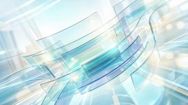 Abstract transparent glass curves floating dynamically across bright light blue background featuring overlapping shiny geometric panels reflecting gentle studio illumination showcasing reflections
