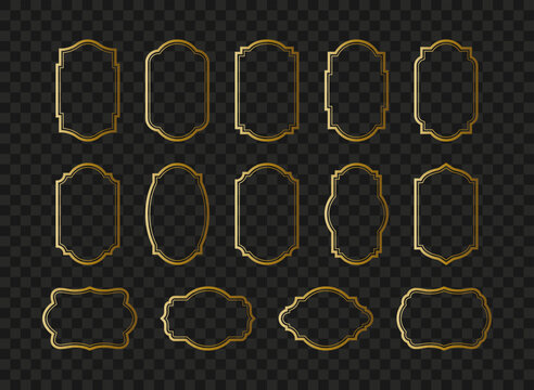 Premium decorative frame set with shiny gold outline. Vintage Logo Borders, luxury Shapes and elegant Badge Templates Set. Collection for classic packaging, luxury mockups and boutique branding.