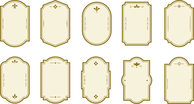 Blank elegant label templates with classic vintage frame and decorative flourishes. Retro badges for boutique branding, luxury product design premium wedding stationery.