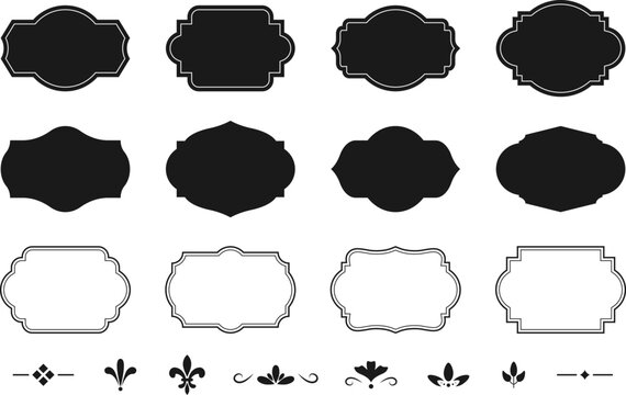 Retro black label templates with classic frames and elegant decorative shapes. Minimal vintage  ornaments and decorative elements. Premium bundle for ornamental logos, tags and product packaging.