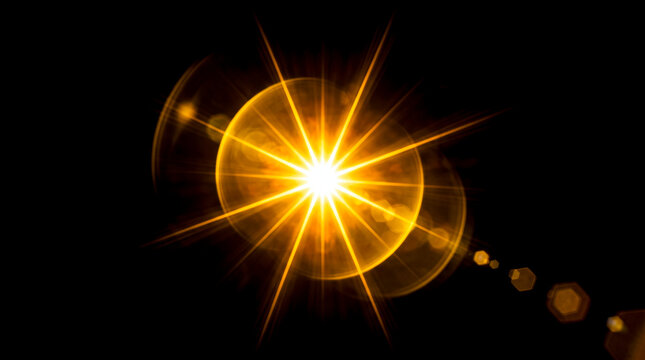 Bright glowing golden starburst centered on solid black background showing multiple circular light rings and geometric bokeh shapes radiating intense yellow optical glare