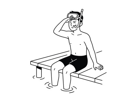 Minimalist line art of man snorkeling, male swimmer sitting on wooden pier with diving mask, black and white summer vacation vector