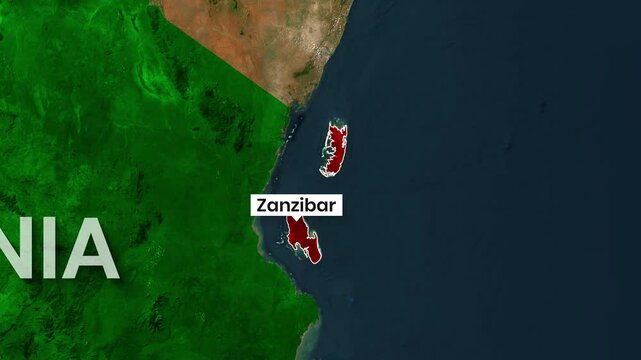 Animated map animation showing Zanzibar island location near Tanzania