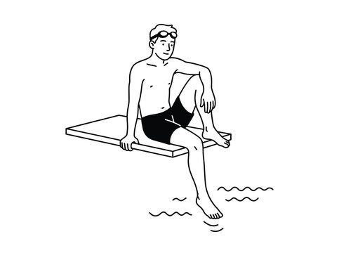 Minimalist line art swimmer sitting on diving board, man in goggles relaxing by pool water, simple black and white vector illustration