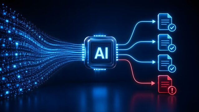 Artificial intelligence document processing and sorting concept with AI microchip distributing digital data streams to approved and rejected files