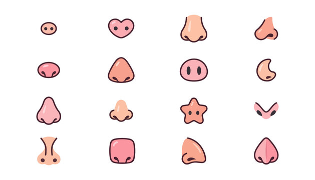 Cute Kawaii Nose Icons Set in Various Shapes and Styles. Pink Cartoon Facial Features Design with Heart and Star