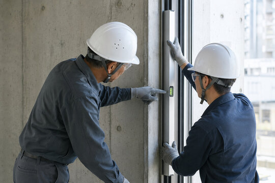 Japanese glaziers checking a window frame with a spirit level
