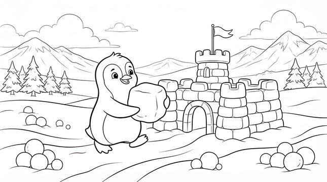 Cute cartoon penguin building an ice castle in a snowy winter landscape with mountains and pine trees, coloring page for kids