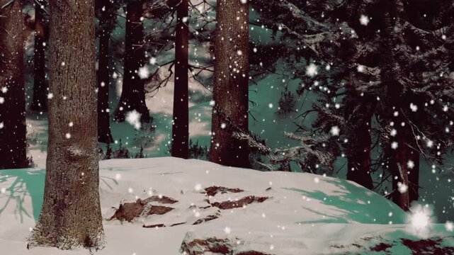 Snowflakes fall gently in a quiet forest setting with tall trees. The ground is covered in white snow. The scene shows a chilly winter day with no people in sight.
