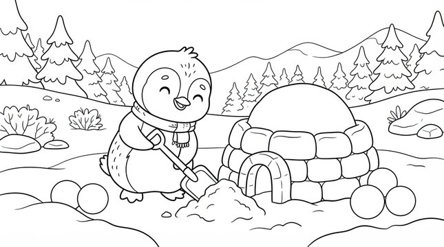 Cute cartoon penguin building an igloo in a snowy winter landscape