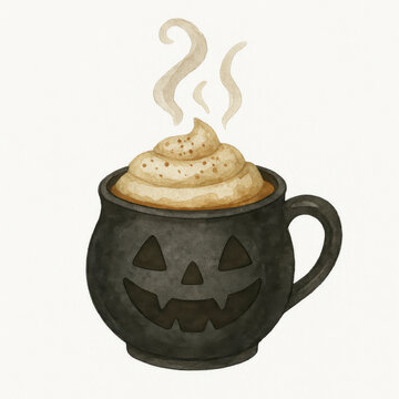 Steaming hot latte with whipped cream and cinnamon in black Halloween themed cup with carved pumpkin face, perfect for cozy autumn and spooky celebrations