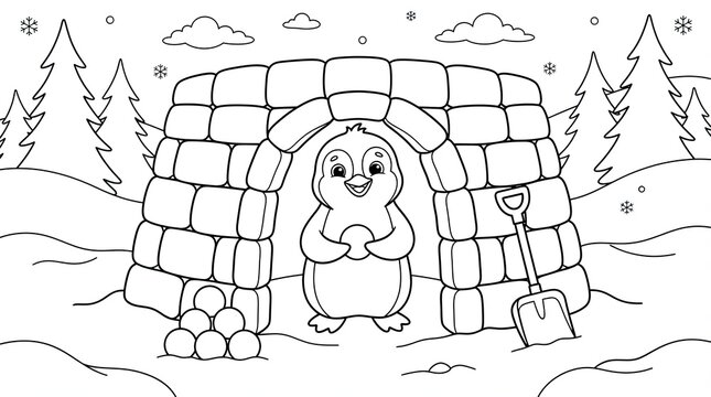 Cute penguin standing in front of an igloo with a shovel and snowballs in a winter landscape coloring page