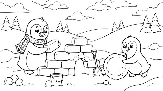 Two cute cartoon penguins building an igloo in a snowy winter landscape, coloring page for children