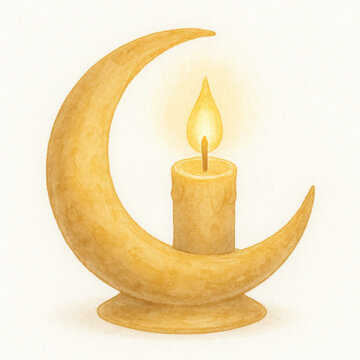 Watercolor illustration of glowing candle with flame in crescent moon shaped candle holder, emitting warm and cozy light on white background