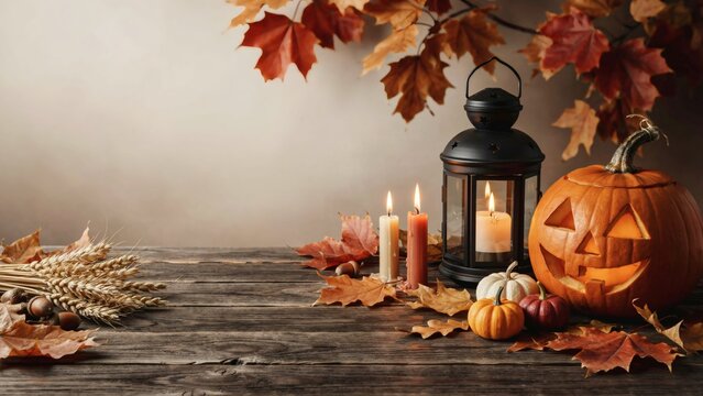 Rustic Halloween Background with Jack O Lantern Candles and Wheat