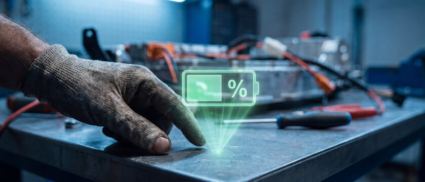Electric vehicle battery diagnostics workshop platform, gloved hand touching glowing battery charge hologram with percentage icon above EV battery pack on workshop bench with tools, power management