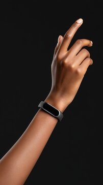 Woman pointing hand wearing fitness band on black background