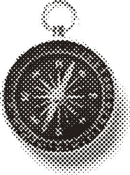 Black halftone analog compass,directional naviagation tool vector graphic with dot matrix pattern, ideal for travel, adventure, discovery, and retro design projects.