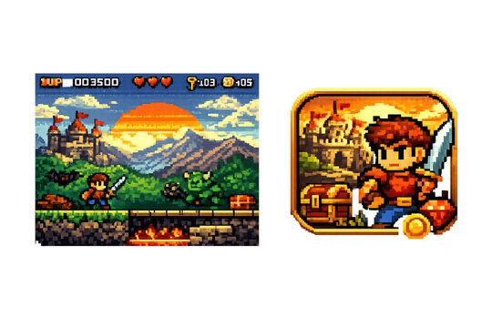 Pixel knight stands ready, sword in hand, near castle. Sun sets behind distant mountains. Green monster lurks below, near lava. Heroic figure gazes forward, determined. Game UI shows health, score