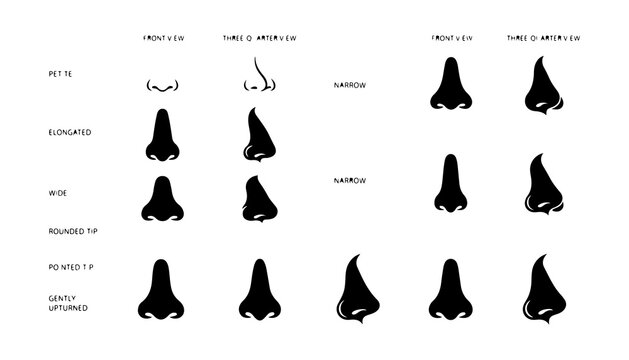 Dog Nose Shapes Vector Illustration Chart with Front and Three-Quarter Views. Pet Anatomy Reference for Artists and Desi