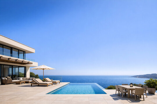 Luxury poolside villa overlooks endless ocean. Clear blue sky above modern coastal estate. Sun loungers and tables invite relaxation. Large glass windows frame panoramic sea views