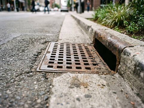 Low angle view of a rusty storm drain grate on a city street curb with pedestrians in background metal grate street level public works cast iron utility cover