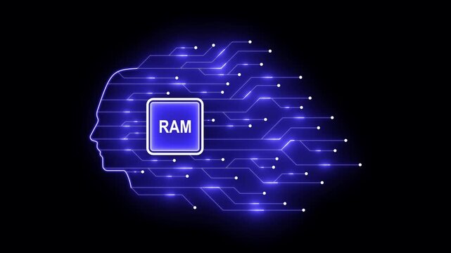 Digital human head with ram processor chip and glowing circuitry network animation memory