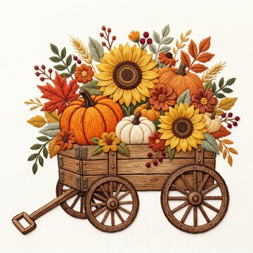 Autumn Harvest Wagon Embroidery Design With Sunflowers Pumpkins Fall Motif.