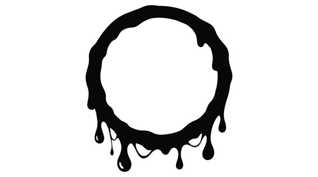 Grunge dripping circle frame, black ink splatter border, melting liquid paint ring vector, messy street art circular element isolated on White Background halloween