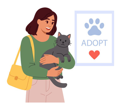 Woman Adopting Rescue Cat from Animal Shelter. Flat Vector Illustration.