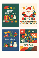 Fototapeta premium Christmas-themed cards with festive geometric designs. Santa Claus appears on one card with colorful ornaments. Stars, moons, and trees adorn the illustrations