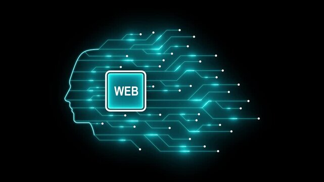 Digital human head with glowing circuitry and web abstract technology concept for artificial intelligence and internet connectivity