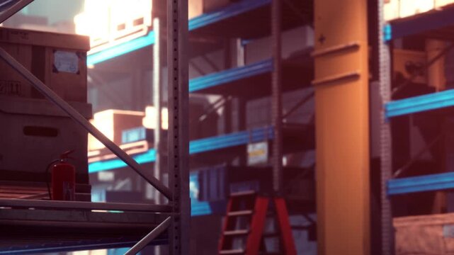 A fire extinguisher is on a wooden crate in a warehouse. Blue shelves hold various items. A red ladder stands in the background. This scene shows an organized storage area.