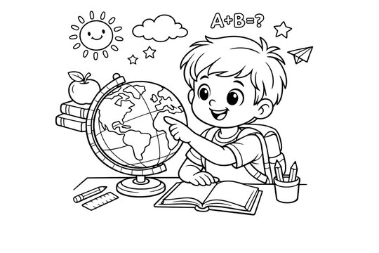 Happy child points at globe at desk. Sun, cloud, stars, and paper plane float above. Open book and pencil cup sit nearby. Apples rest atop stacked books. Child smiles while learning geography