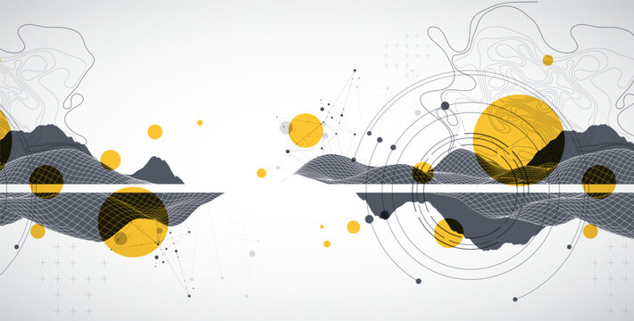 Abstract digital landscape with wireframe terrain, geometric circles, and plexus art. Vector