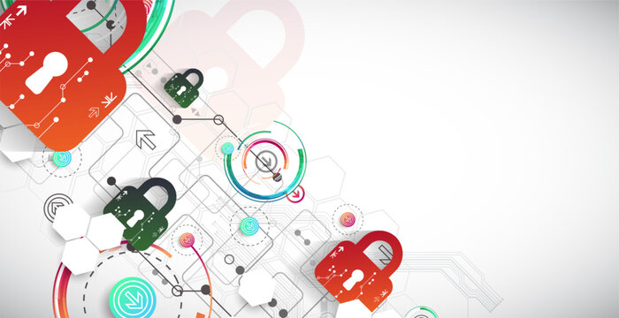 Cybersecurity background with colorful padlocks, circuit board lines, geometric circles. Vector concept