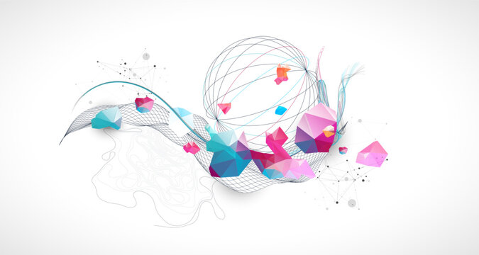 Abstract art background with scientific geometric concepts colorful low poly crystals and delicate wave lines. Vector