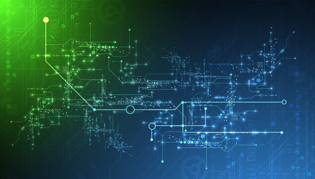 Abstract vector background of digital circuit board with glowing lines and binary code