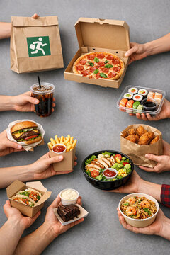 Hands hold various fast food items on a gray surface. Food includes pizza, burgers, fries, sushi, salad, and desserts. Each dish presented in different containers or packaging
